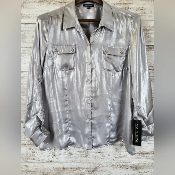 Y2K Notations Metallic Silver Shimmer Button-Front Blouse with Roll-Tab Sleeves - Picture 4 of 15